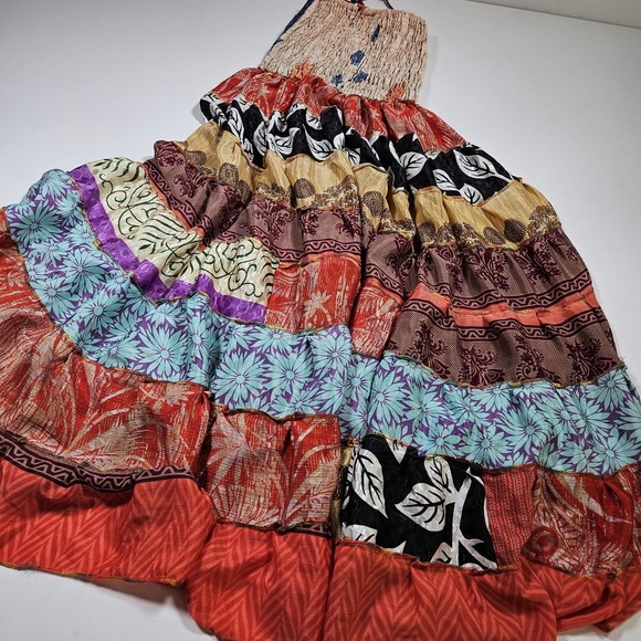 Maxi Dress Womens Small 100% Silk Patchwork Boho Smocked Tiered Boho Festival - Picture 4 of 10